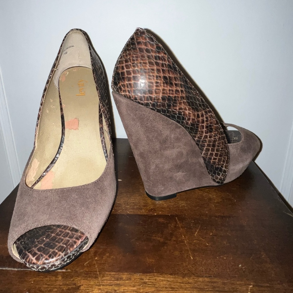 Brown Suede and snakeskin peep toe wedges